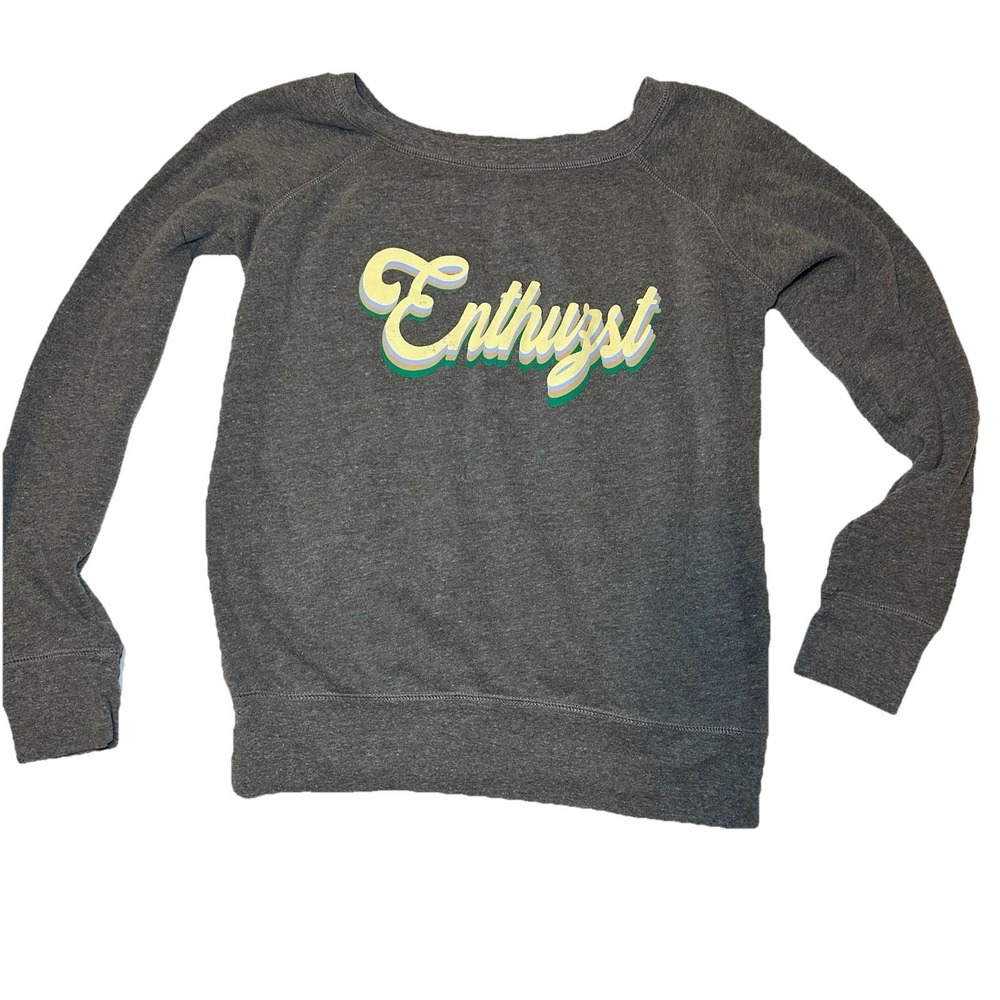 Enthuzst Graphic Crewneck Women's Large Gray Pullover Retro Script Cozy Fleece